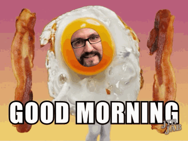 a fried egg with a man 's face and the words good morning