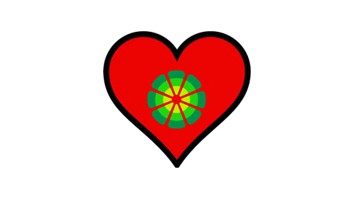 a red heart with a green and yellow flower in the middle