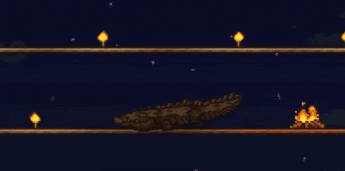 a video game scene with a crocodile flying over a fire