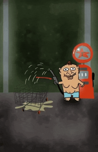 a cartoon drawing of a man pumping gas into a shopping cart