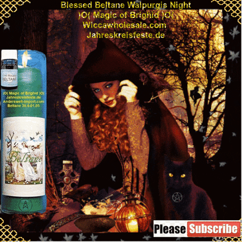 an advertisement for blessed beltane waipurgis night shows a woman and a black cat