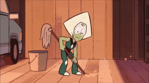 a cartoon character is mopping the floor next to a bucket .
