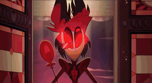 a cartoon character with red eyes and a red balloon