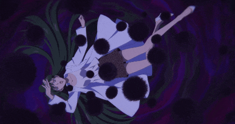 a girl with green hair and a white coat is laying on the ground