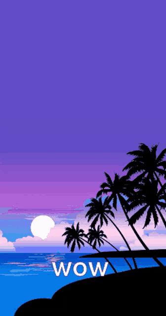 a pixel art of a man and palm trees with the word wow below him
