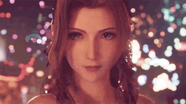 a close up of a woman 's face with a blurred background of lights .