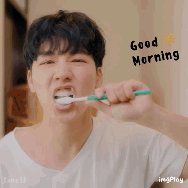 a man brushing his teeth with the words good morning written above him
