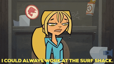 a cartoon of a woman sitting on a toilet with the words " i could always work at the surf shack "