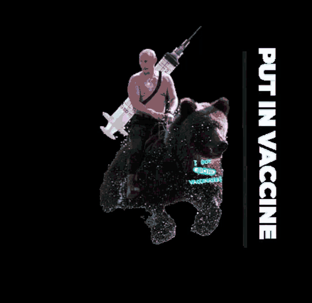 a shirtless man is riding a bear with a syringe on his back and the words " vaccines work " on the bottom