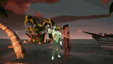 a man and a woman standing on a beach with a ghost in the background