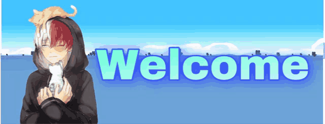 a boy with a cat on his head is holding a cat in front of a welcome sign