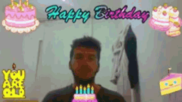 a pixelated image of a man holding a birthday cake with candles and the words happy birthday behind him