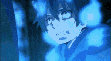 a close up of a person 's face with blue glowing behind them .