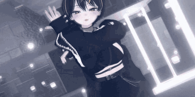 a girl in a black outfit is standing in front of a sign that says " ii "