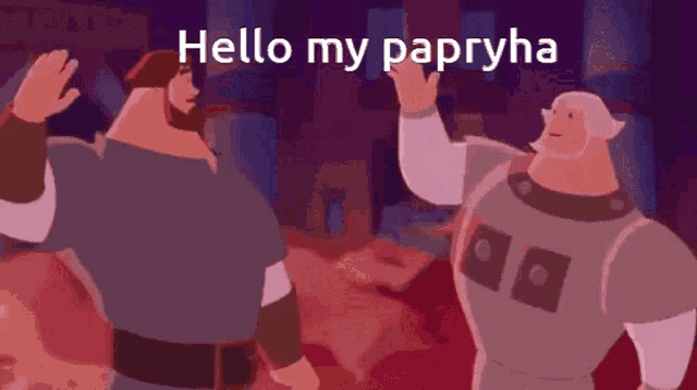 two cartoon characters waving with the words hello my papryha