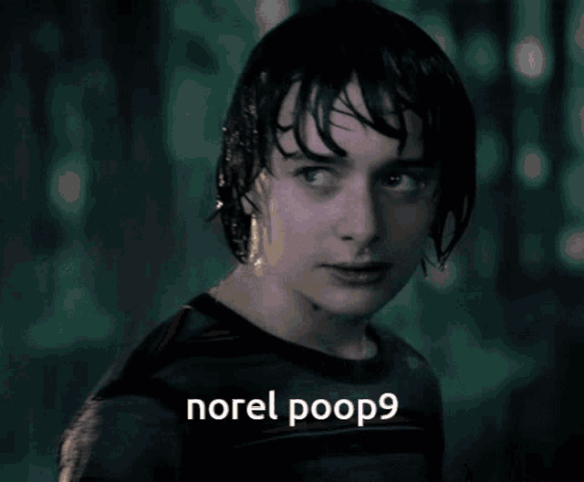 a close up of a person with the words norel poop9 below them