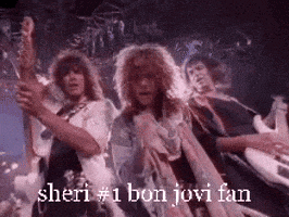 a group of people playing guitars and singing with the words sheri # 1 bon jovi fan written on the bottom