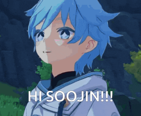 a cartoon character with blue hair says hi soojin !!