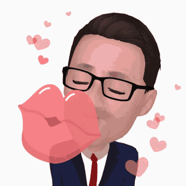 a man wearing glasses is blowing a kiss with hearts around him