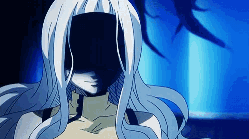 a woman with long white hair has a black face