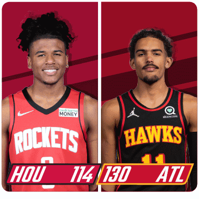 two basketball players from the rockets and hawks are standing next to each other