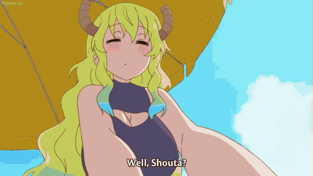 a cartoon of a girl with horns and the words well shouta below her