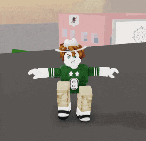 a cartoon character wearing a cowboy hat and a green shirt with the number 8 on it