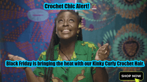 a woman in a green shirt is smiling with the words " black friday is bringing the heat with our kinky curly crochet hair " below her