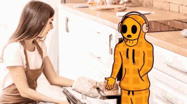 a cartoon character wearing headphones is standing next to a woman cooking