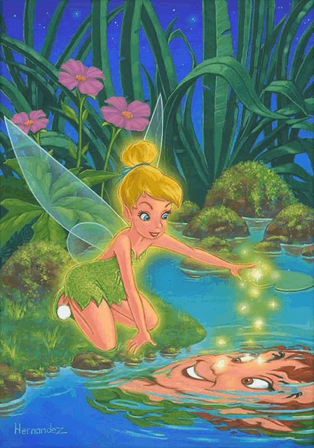 a painting of tinkerbell by hernandez shows her reaching for a light