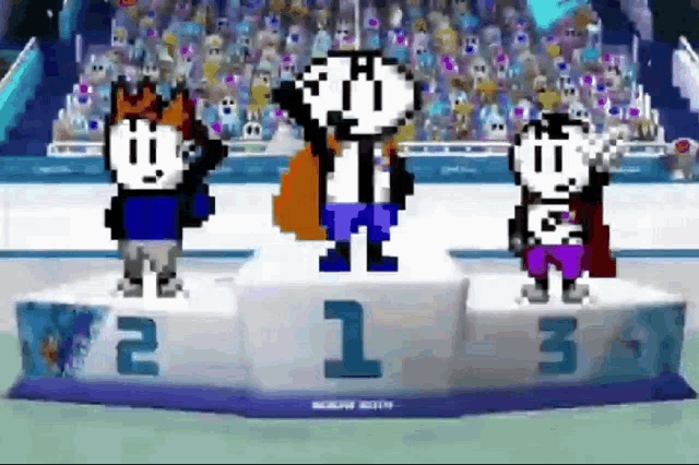 three cartoon characters standing on a podium with the number 1 2 and 3