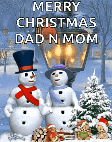 a merry christmas dad n mom card with snowmen