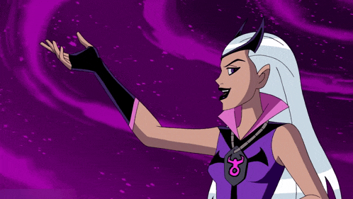 a cartoon character is wearing a purple and black outfit with a necklace that says o on it