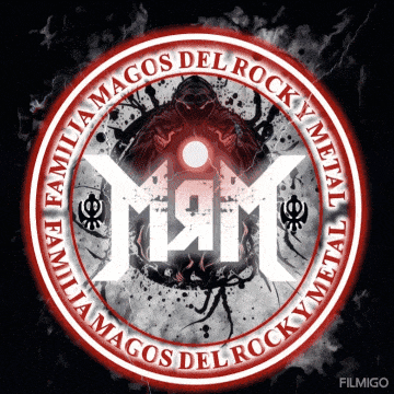 a logo for familia magos del rocky metal has a red circle around it