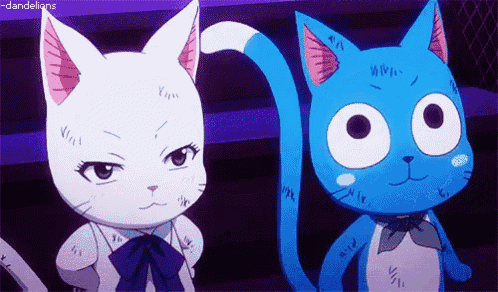 a white cat and a blue cat are standing next to each other in a cartoon