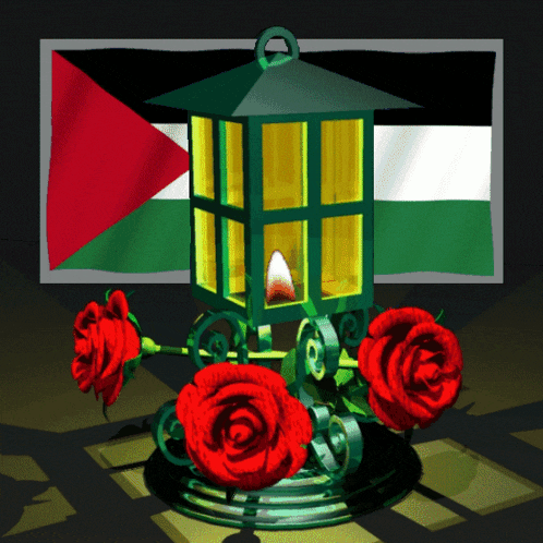 a green lantern with red roses in front of a flag of palestine