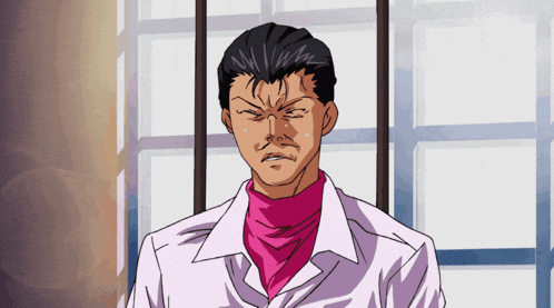 a man in a white shirt and a pink scarf has a serious look on his face
