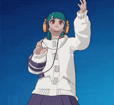 a girl with green hair wearing headphones and a white sweater