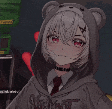 a girl wearing a teddy bear hooded sweatshirt with the word playtime on the front