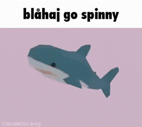 a shark is swimming in the water with the words `` blahaj go spinny '' written on it .