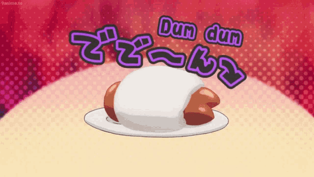 a cartoon drawing of a plate of food with the words " dum dun " written above it