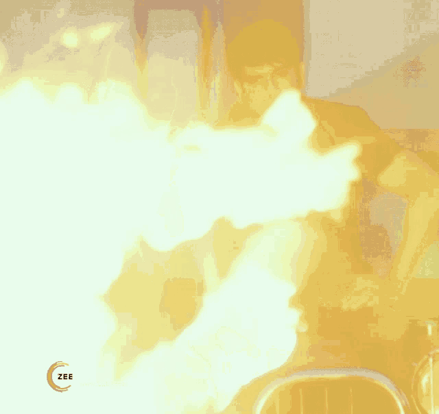 a man is standing in front of a fire with a zee logo in the lower right corner