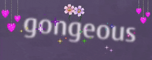 the word gorgeous is written in white letters on a purple background with hearts and flowers .