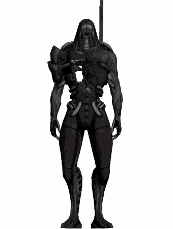 a 3d rendering of a futuristic soldier standing on a white background .