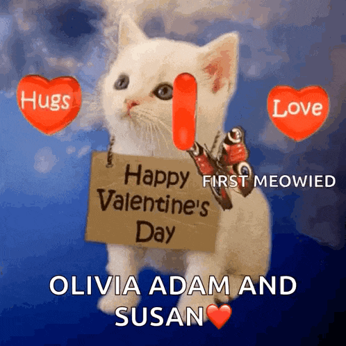 a white kitten holding a sign that says happy first meowied valentine 's day