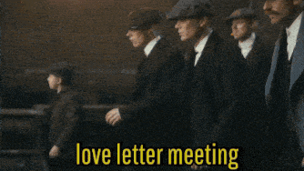 a group of men in suits and hats are walking in a line with the words love letter meeting written above them