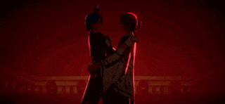 two anime characters are standing next to each other in front of a heart shaped background .