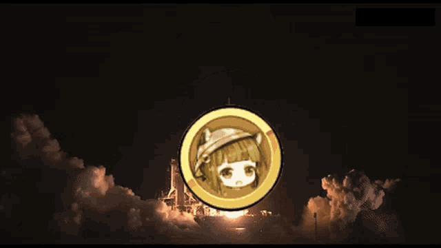 a picture of a girl in a circle with a rocket launching in the background