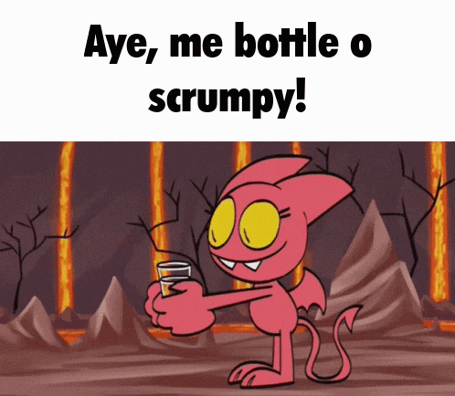 a cartoon of a devil holding a shot glass with the words aye me bottle o scrumpy