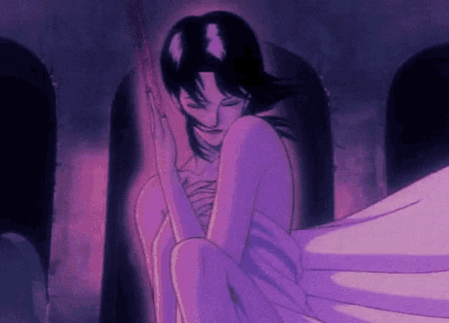 a naked woman is sitting in a dark room with purple lights behind her